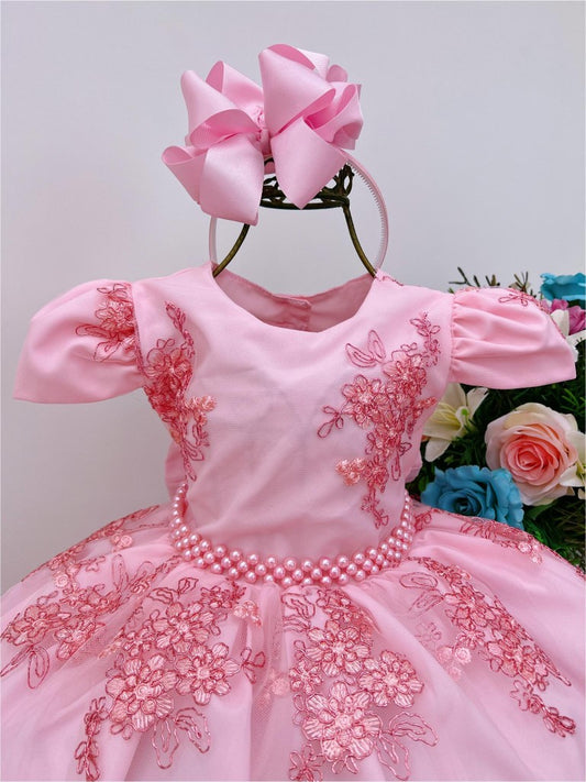 Vestido de fiesta infantil de encaje rosa con cinturón de perlas