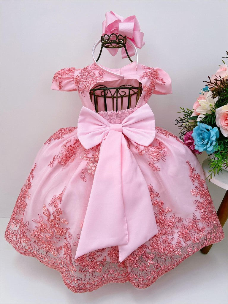 Vestido de fiesta infantil de encaje rosa con cinturón de perlas