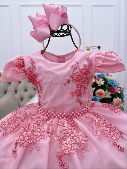 Vestido de fiesta infantil de encaje rosa con cinturón de perlas