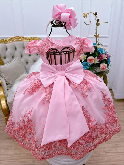 Vestido de fiesta infantil de encaje rosa con cinturón de perlas