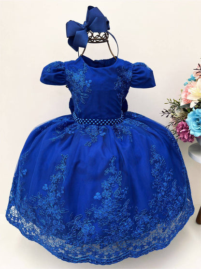 Vestido infantil azul real con encaje real y cinturón de perlas de lujo