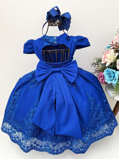 Vestido infantil azul real con encaje real y cinturón de perlas de lujo