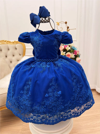 Vestido infantil azul real con encaje real y cinturón de perlas de lujo