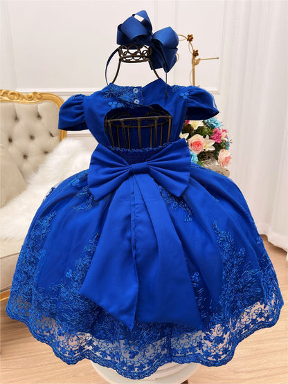 Vestido infantil azul real con encaje real y cinturón de perlas de lujo