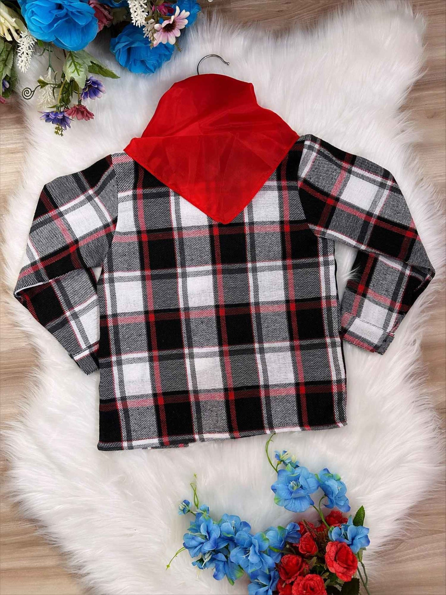 Camisa a cuadros Junino negra, roja y blanca con bufanda