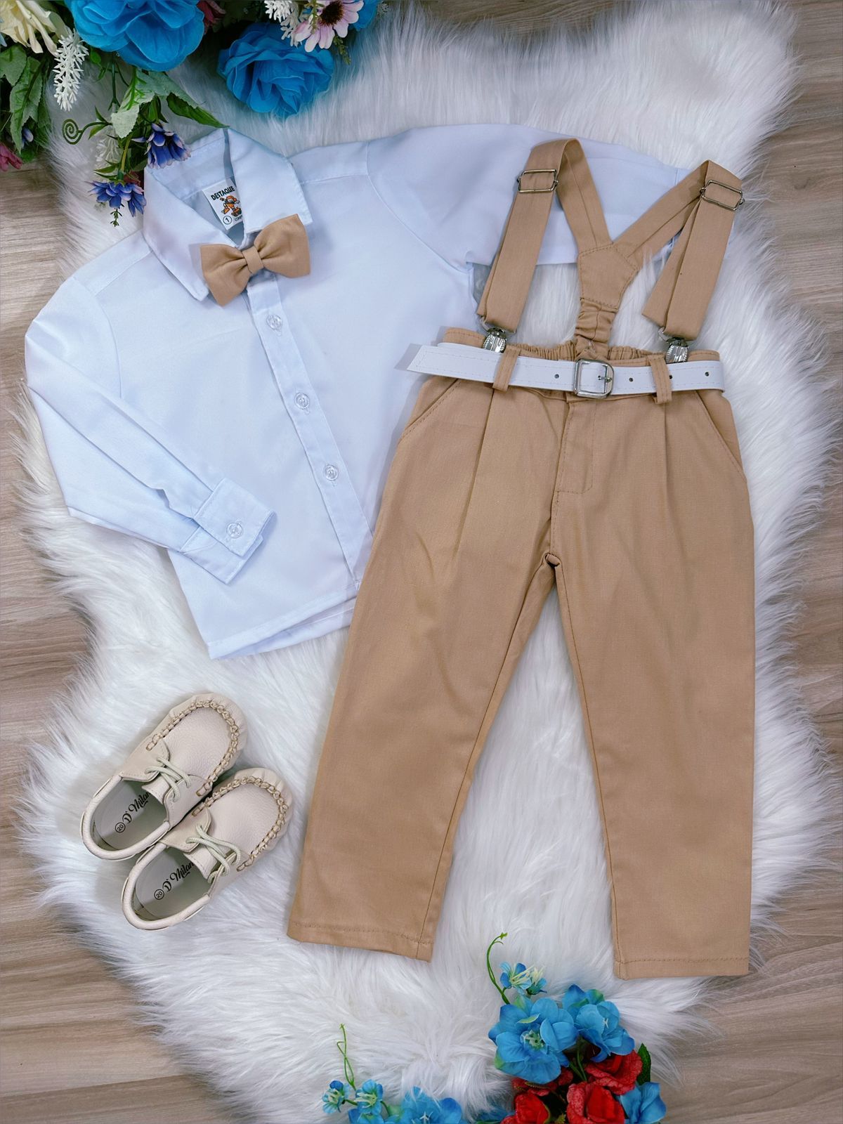 Conjunto Formal: Camisa, Corbata, Pantalón y Tirantes, Color Caqui 