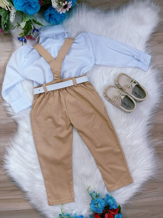 Conjunto Formal: Camisa, Corbata, Pantalón y Tirantes, Color Caqui 