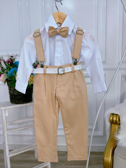 Conjunto Formal: Camisa, Corbata, Pantalón y Tirantes, Color Caqui 