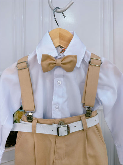 Conjunto Formal: Camisa, Corbata, Pantalón y Tirantes, Color Caqui 