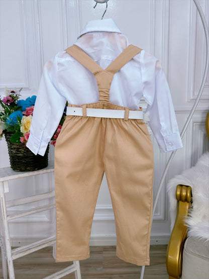 Conjunto Formal: Camisa, Corbata, Pantalón y Tirantes, Color Caqui 
