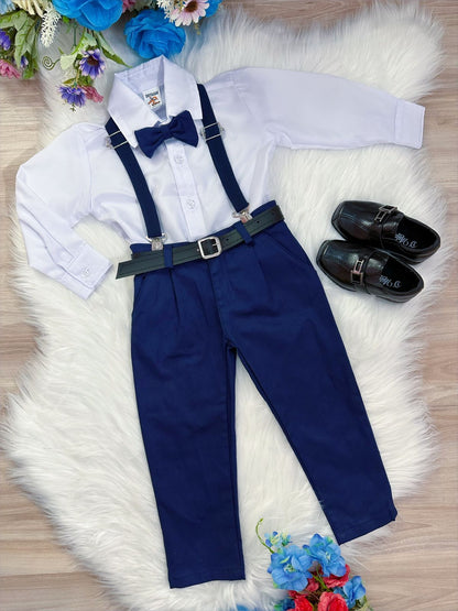 Conjunto de camisa, corbata, pantalón y tirantes azul marino 
