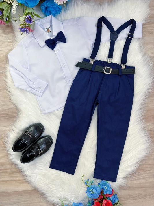 Conjunto de camisa, corbata, pantalón y tirantes azul marino 
