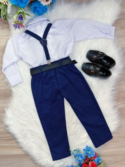 Conjunto de camisa, corbata, pantalón y tirantes azul marino 