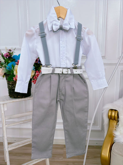 Conjunto Social Camisa Branca Susp. Gravata e Calça Cinza