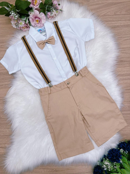 Conjunto Formal Pantalones Cortos Camisa Corbata Tirantes Caqui
