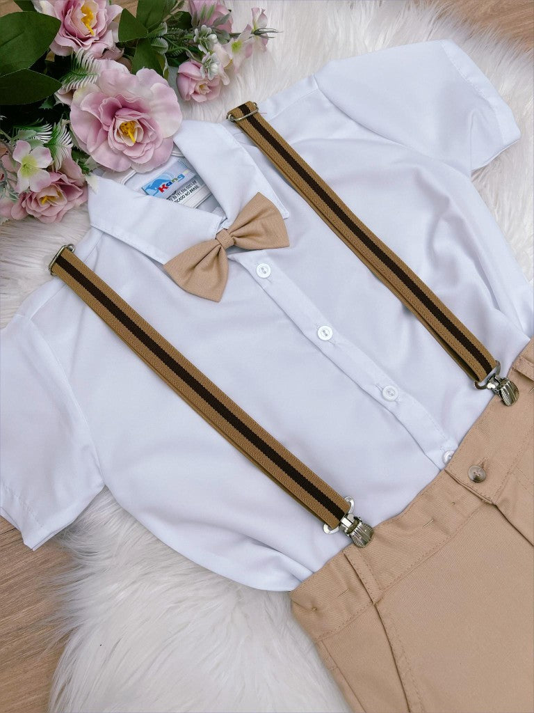 Conjunto Formal Pantalones Cortos Camisa Corbata Tirantes Caqui