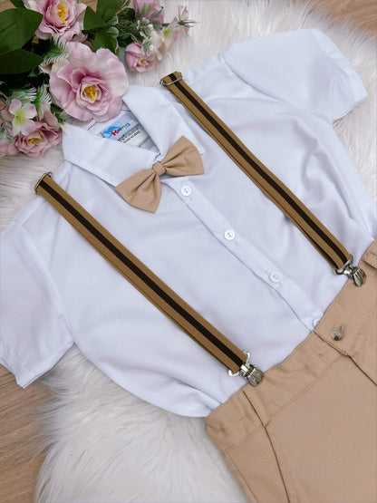 Conjunto Formal Pantalones Cortos Camisa Corbata Tirantes Caqui
