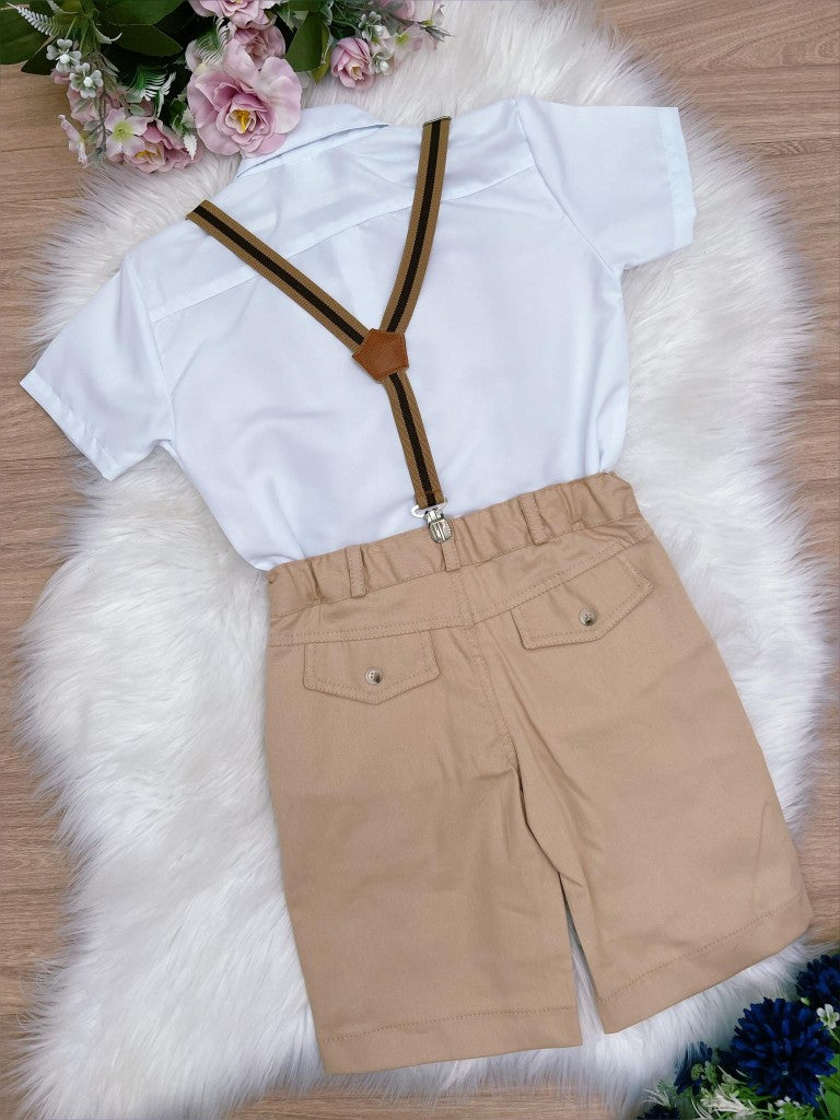 Conjunto Formal Pantalones Cortos Camisa Corbata Tirantes Caqui