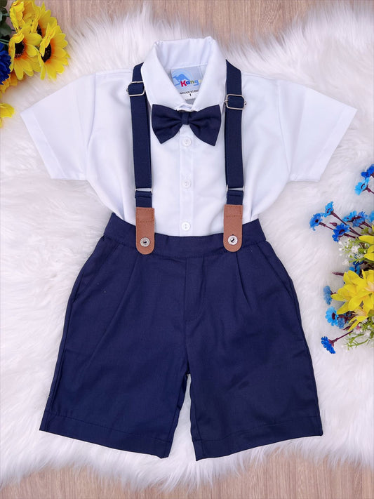 Conjunto formal: camisa blanca, corbata, pantalones cortos, tirantes azules 