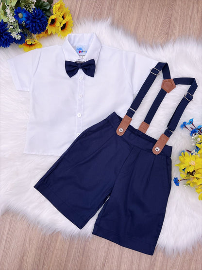 Conjunto formal: camisa blanca, corbata, pantalones cortos, tirantes azules 
