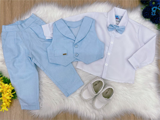 Conjunto Formal Camisa Blanca y Pantalón Chaleco Corbata Azul 