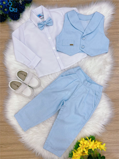 Conjunto Formal Camisa Blanca y Pantalón Chaleco Corbata Azul 