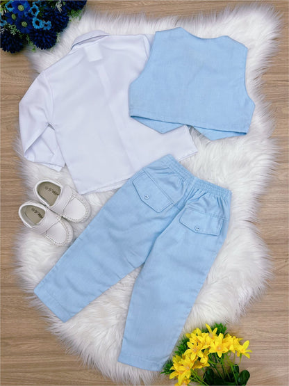 Conjunto Formal Camisa Blanca y Pantalón Chaleco Corbata Azul 