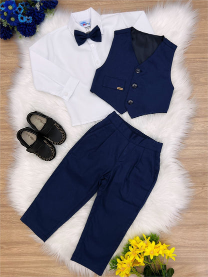 Conjunto formal azul marino: pantalón, camisa, chaleco, corbata 