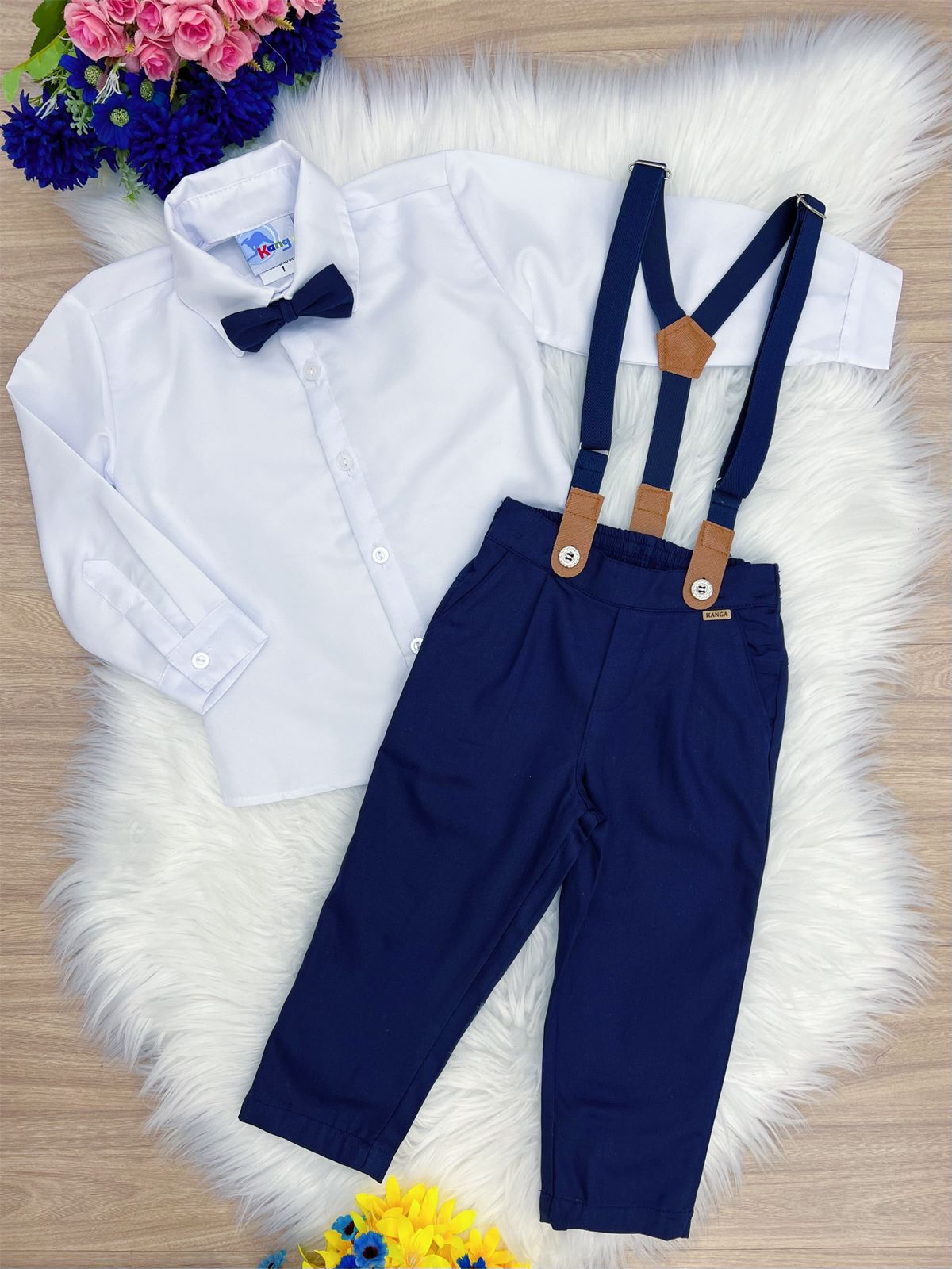 Conjunto Formal Pantalón Camisa Corbata Tirantes Azul Blanco