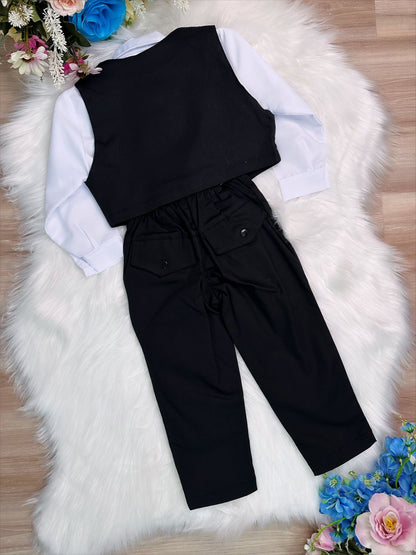 Conjunto Formal: Pantalón, Camisa, Chaleco y Corbata en Color Negro 