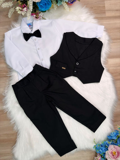 Conjunto Formal: Pantalón, Camisa, Chaleco y Corbata en Color Negro 