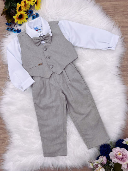 Conjunto Formal Camisa Blanca Chaleco Corbata Pantalón Gris 