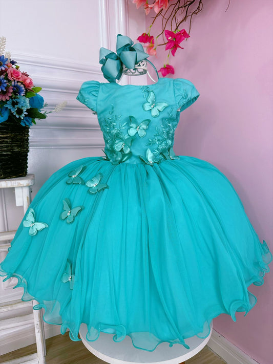 Vestido infantil verde con encaje y apliques de mariposas
