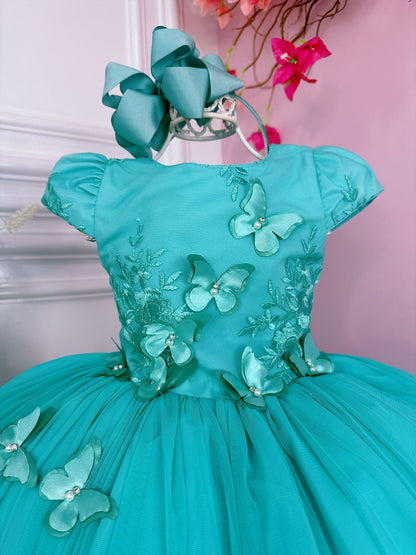 Vestido infantil verde con encaje y apliques de mariposas