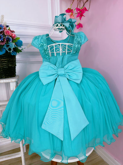 Vestido infantil verde con encaje y apliques de mariposas