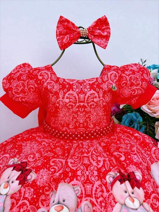 Vestido de fiesta infantil rojo con osito de peluche floral y perlas 