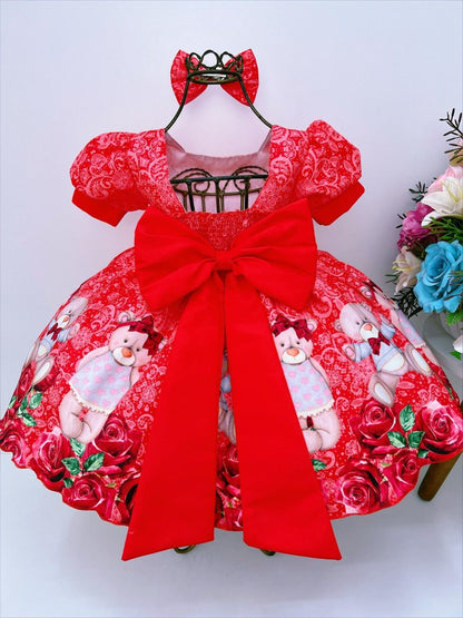 Vestido de fiesta infantil rojo con osito de peluche floral y perlas 
