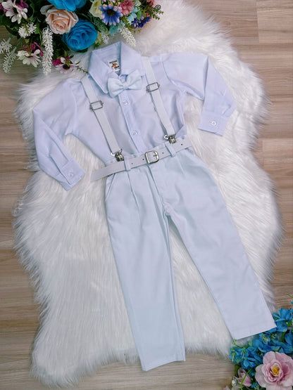 Conjunto formal: pantalón, camisa, tirantes y corbata blanca