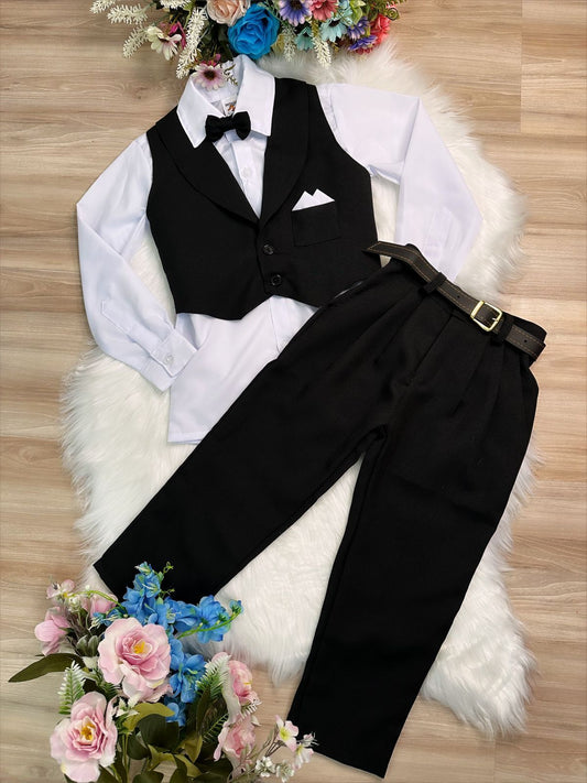 Conjunto formal: chaleco, pantalón, corbata negra y camisa blanca