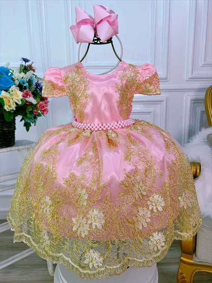 Vestido infantil rosa de encaje y tul dorado, Royalty Luxury