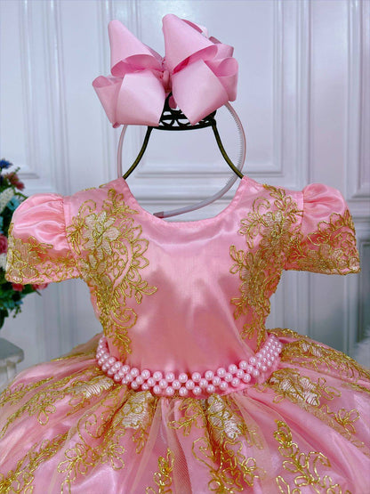 Vestido infantil rosa de encaje y tul dorado, Royalty Luxury