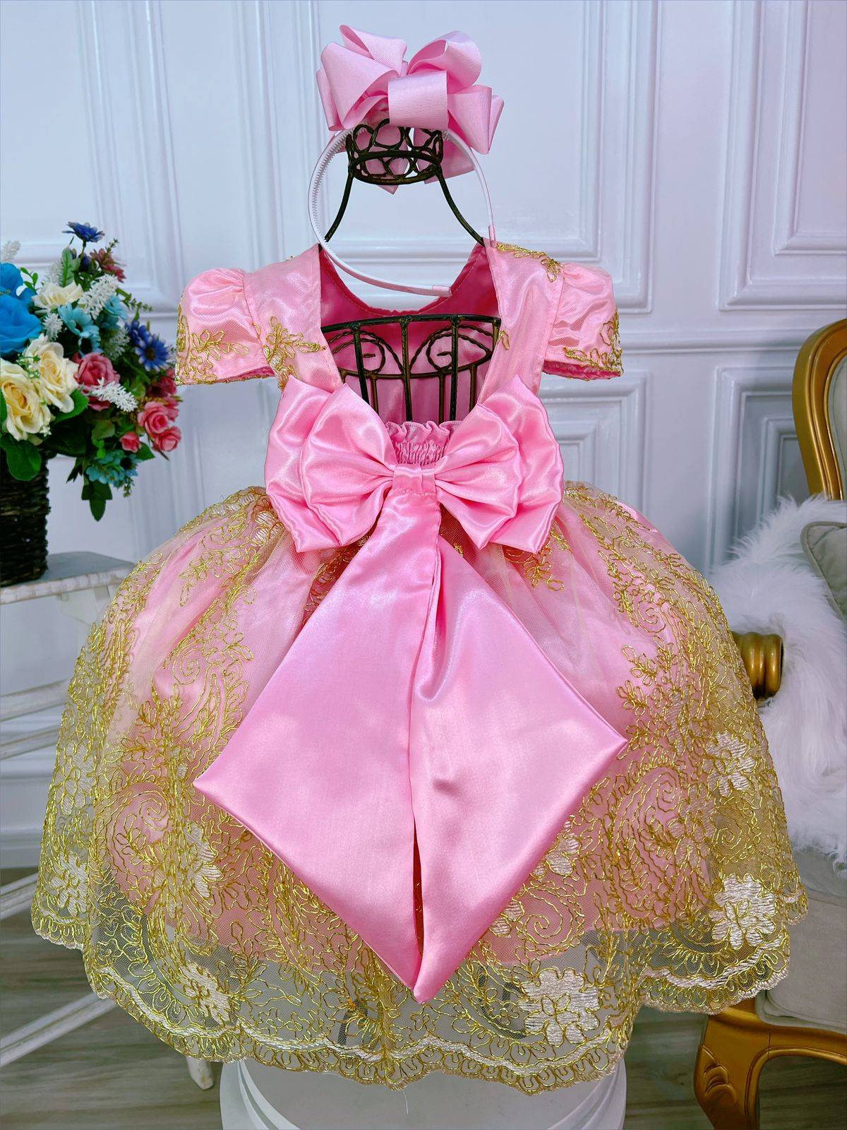 Vestido infantil rosa de encaje y tul dorado, Royalty Luxury