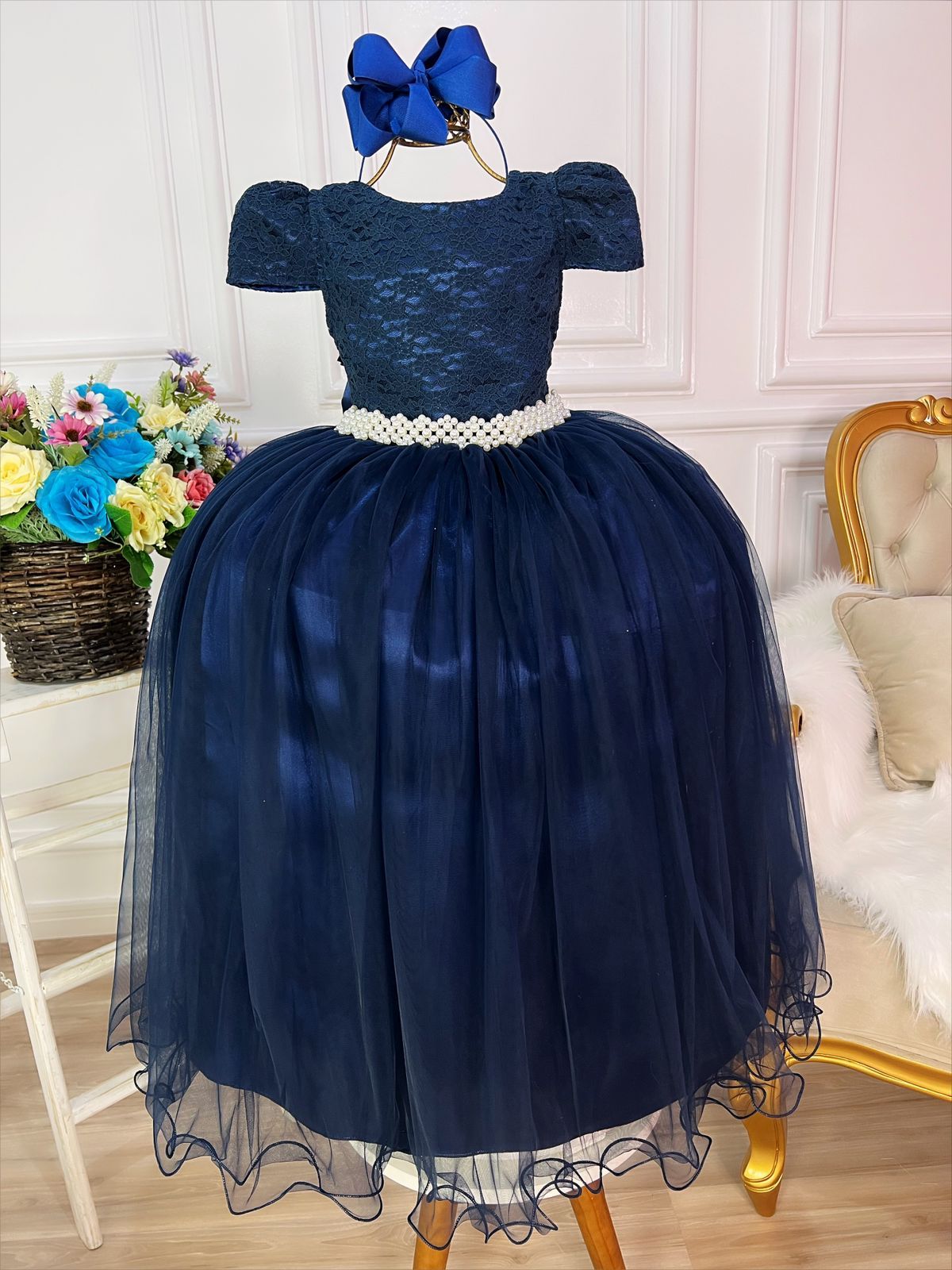 Vestido largo de lujo para mujer de tul y encaje azul marino