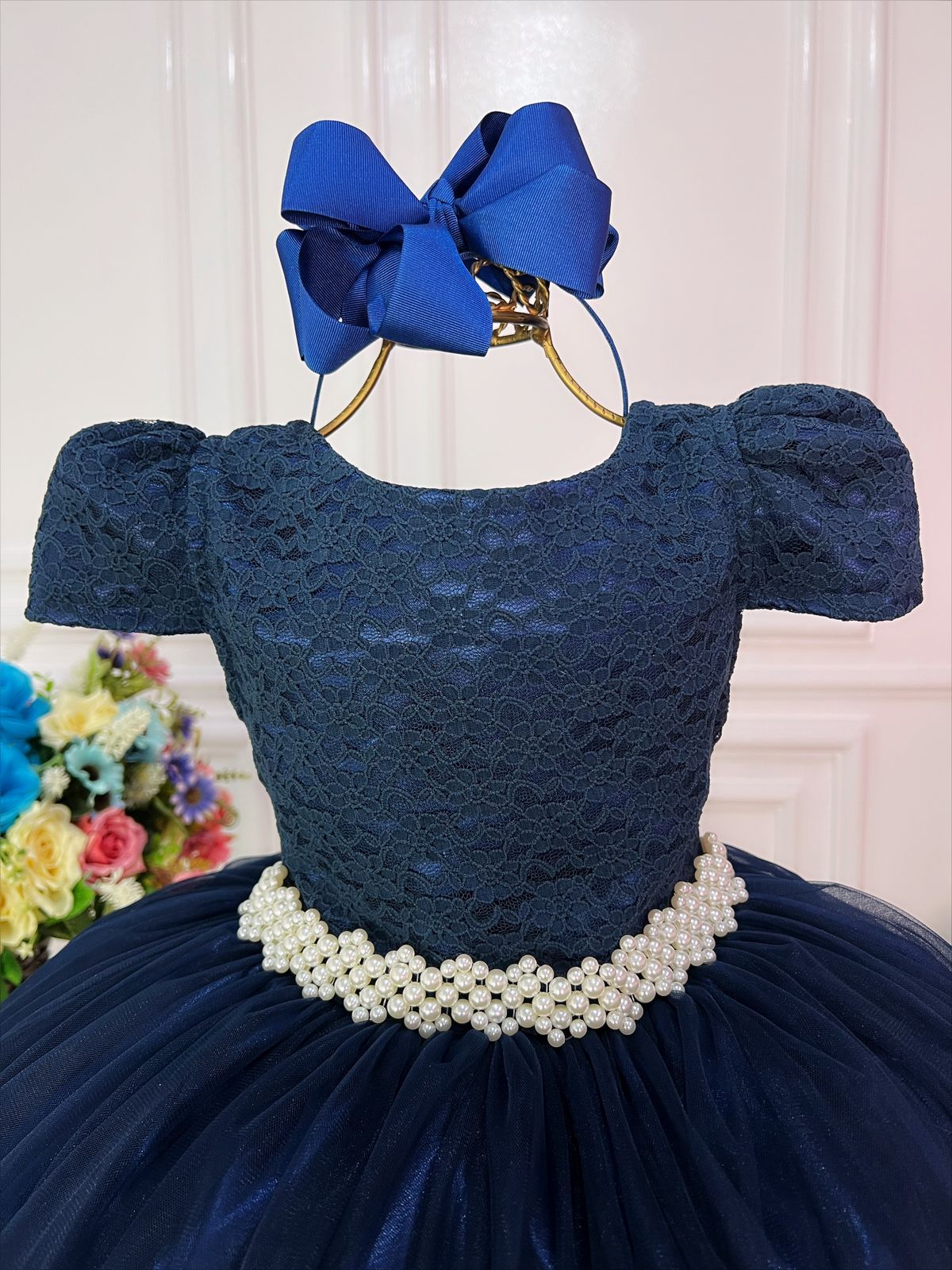Vestido largo de lujo para mujer de tul y encaje azul marino