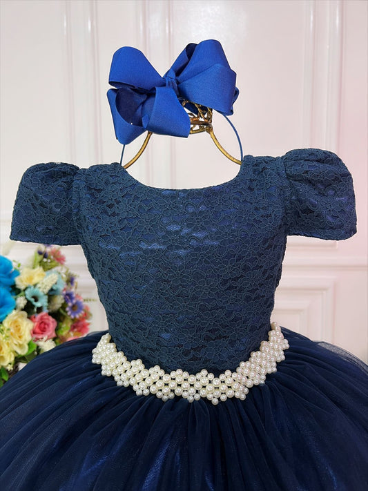 Vestido largo de lujo para mujer de tul y encaje azul marino