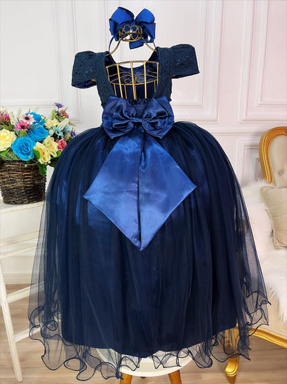 Vestido largo de lujo para mujer de tul y encaje azul marino