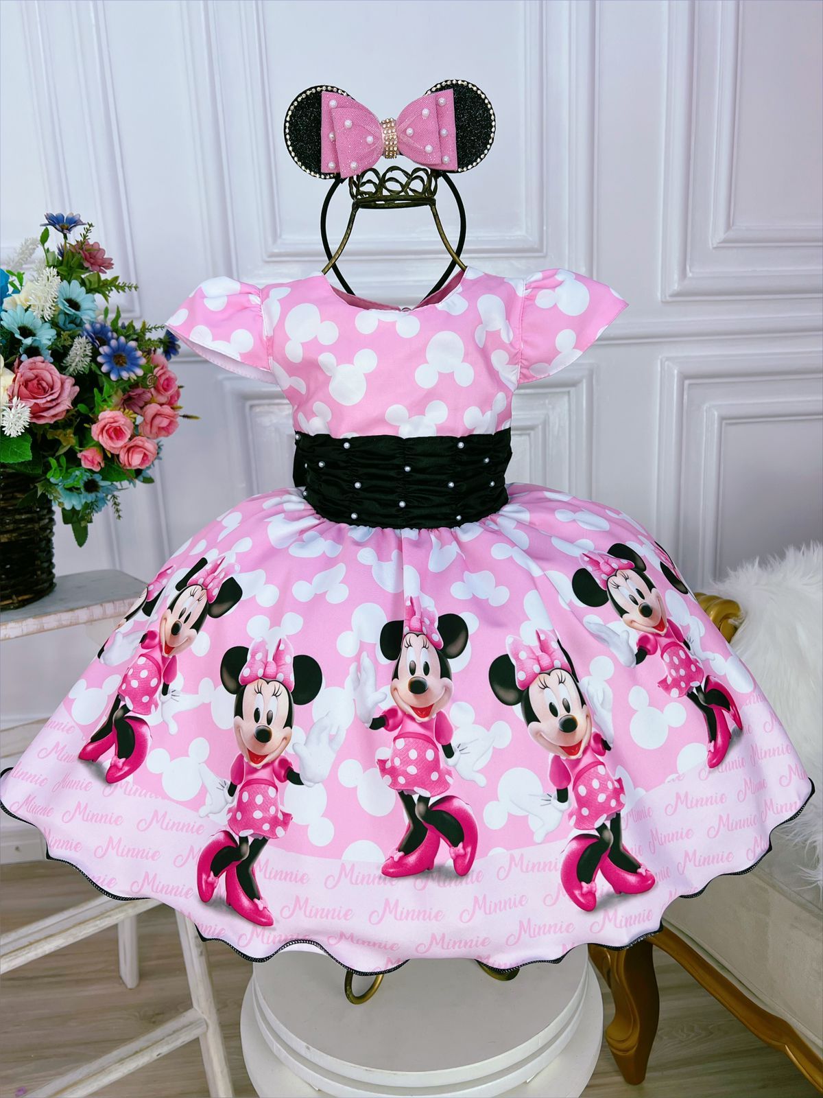 Vestido de fiesta infantil de Minnie Mouse rosa y negro con perlas