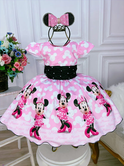 Vestido de fiesta infantil de Minnie Mouse rosa y negro con perlas