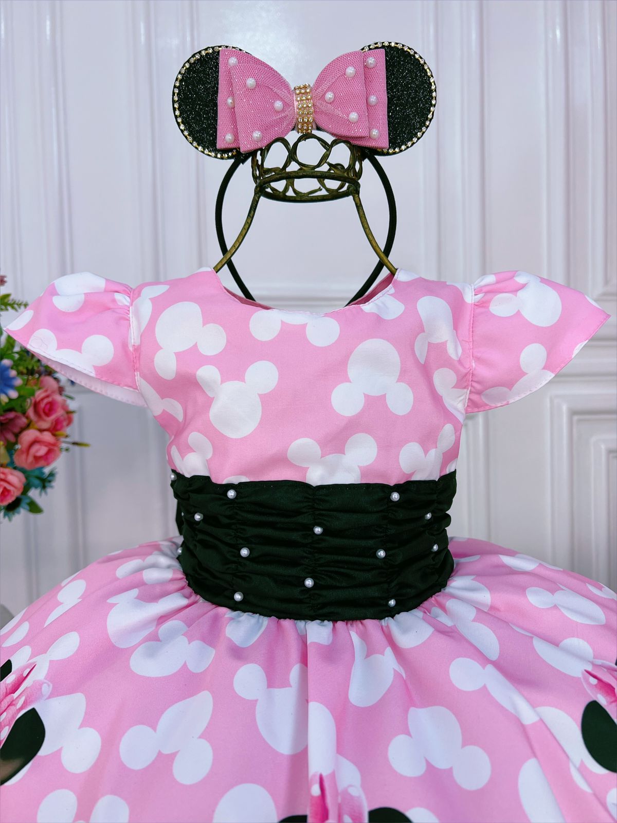 Vestido de fiesta infantil de Minnie Mouse rosa y negro con perlas
