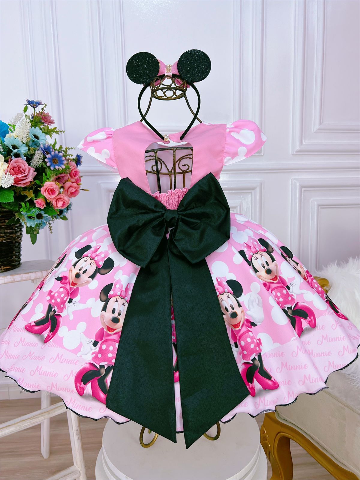 Vestido de fiesta infantil de Minnie Mouse rosa y negro con perlas